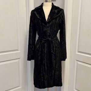 Vintage Guess Collection Long Vegan Fur Coat Women’s Medium Black Waist Belt USA